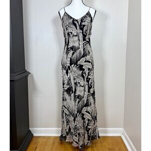 Vintage Paradise NY Maxi Dress M Black Tropical Palm Print Resort Vacation 90s